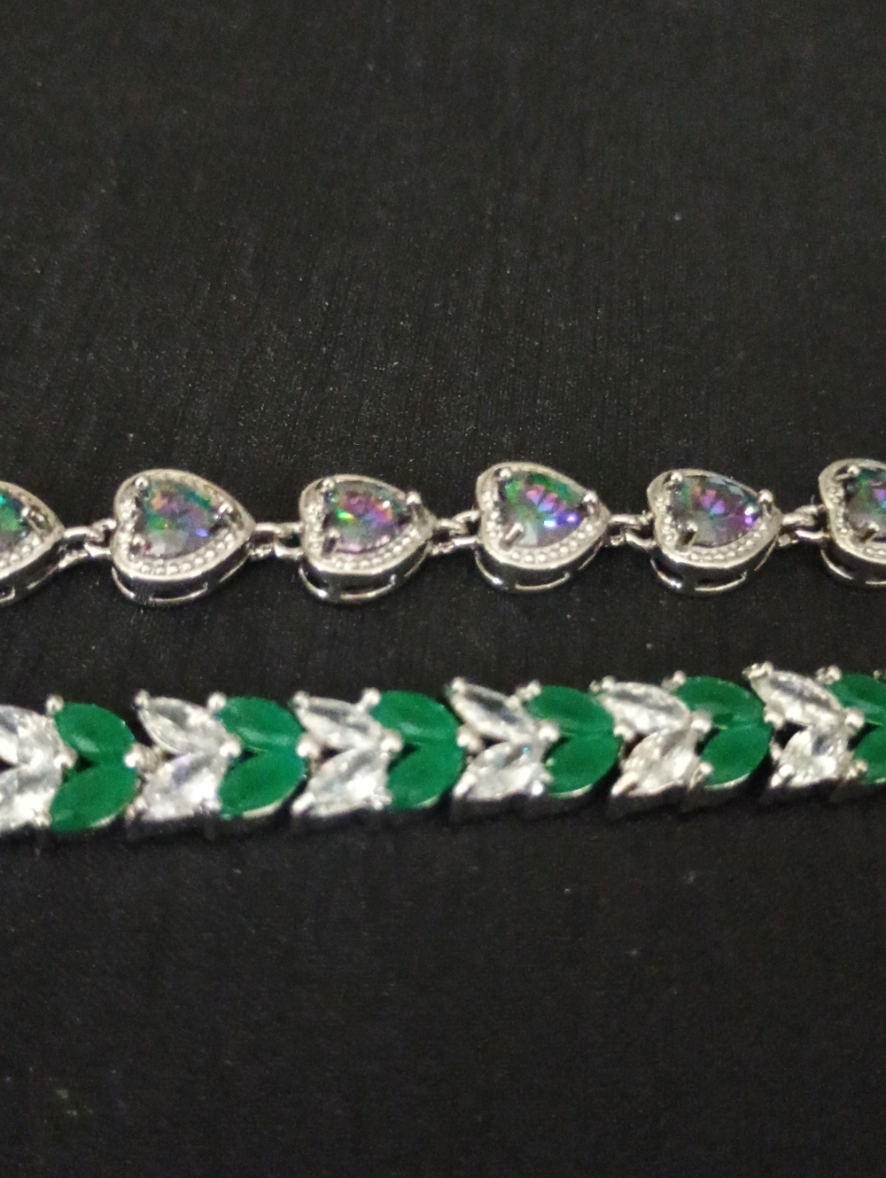 Vintage Green and Iridescent Silver-Tone Bracelet Pair